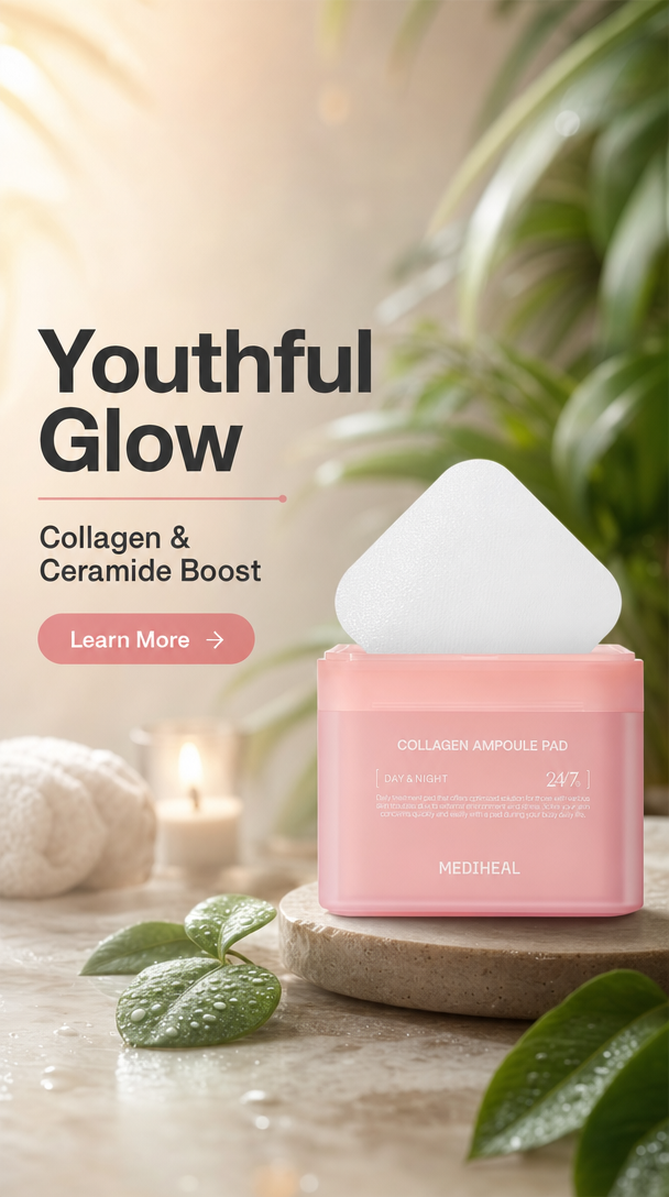 MEDIHEAL Collagen Ampoule Pad – Square Cotton Facial Toner Pads Collagen & Ceramide - Skin Firming & Restore Elasticity - Tighten Wrinkles & Lines - Vegan Eco Silk Pads 100 Pads