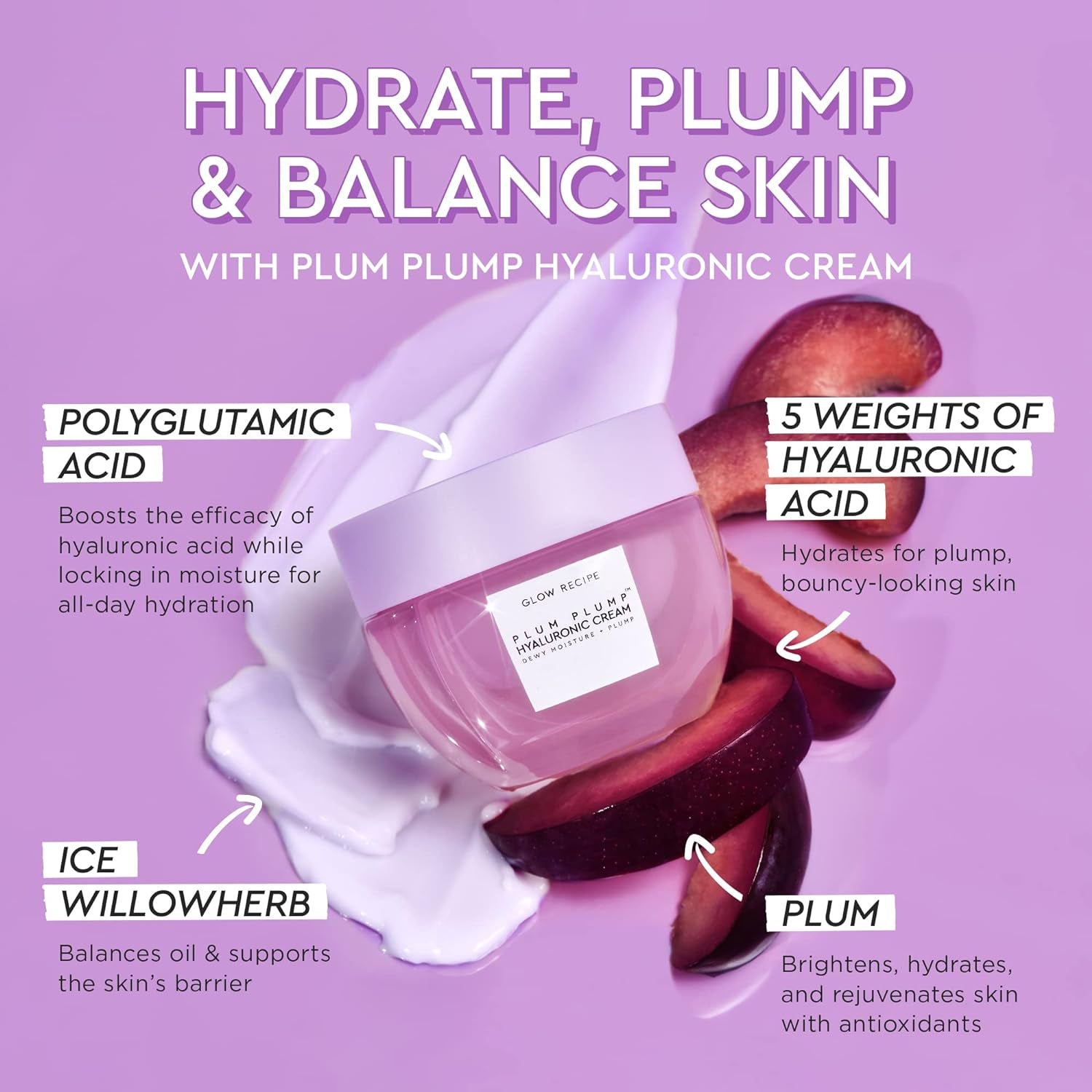 Plum Plump Hyaluronic Acid Face Cream Moisturizer, Travel Size, Korean Moisturizer for Dry Skin, Plumping + Firming Hydration, Polyglutamic Acid + Peptides (20Ml)